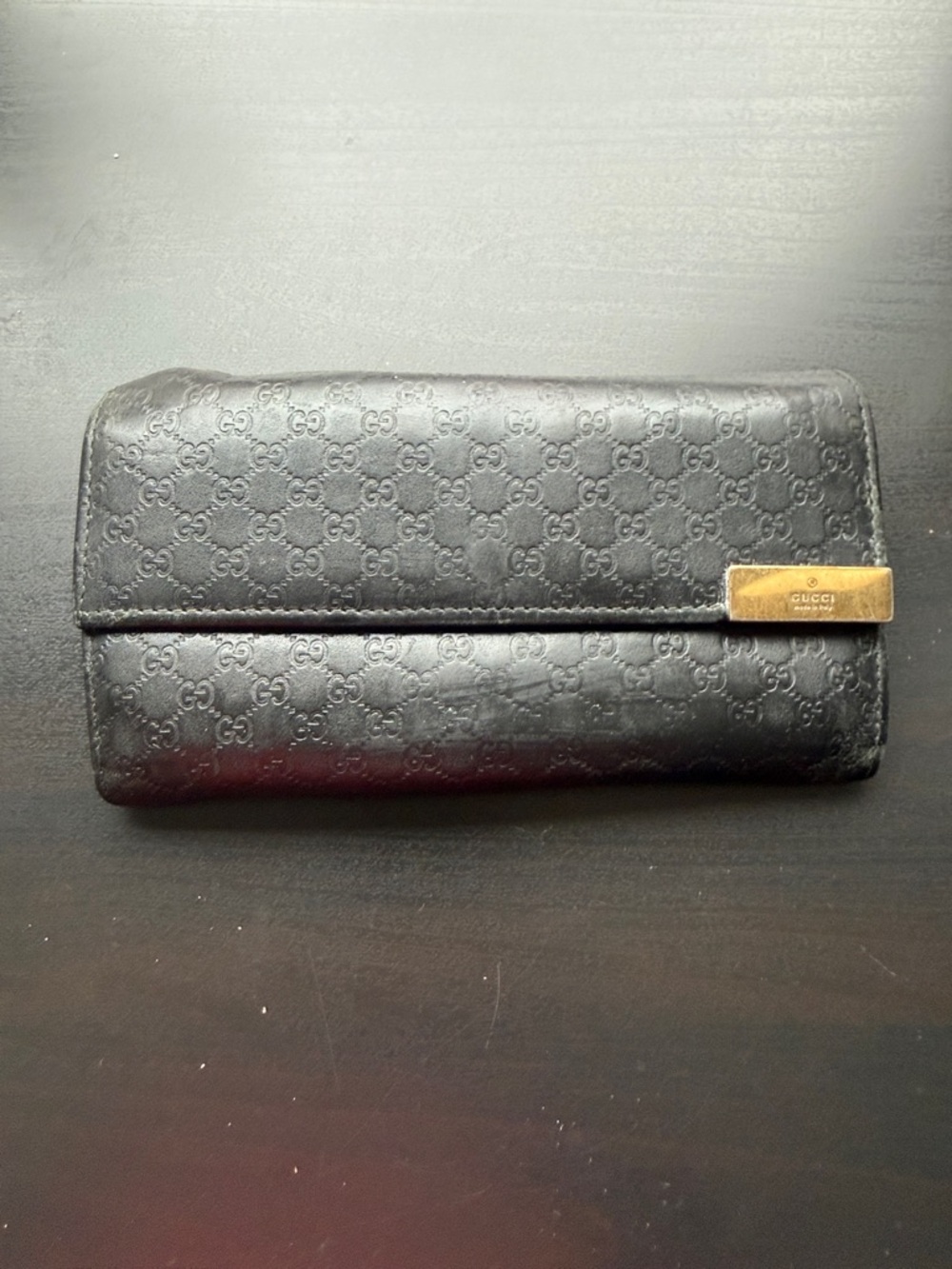 Gucci Black Embossed Leather Continental Wallet with Gold Plaque